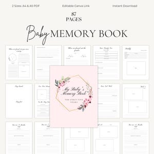 Puede incluir: Un libro de recuerdos para bebés con una portada rosa con diseños florales y geométricos dorados. El libro incluye 87 páginas y está disponible en tamaños A4 y A5 PDF. El texto en la portada dice "My Baby's Memory Book: The First Five Years."