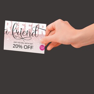 友達紹介カードテンプレート（編集可能、Canva） | ピンクのビジネス紹介カード | 中小企業向けロイヤルティプログラム向け印刷可能なクーポンデザイン