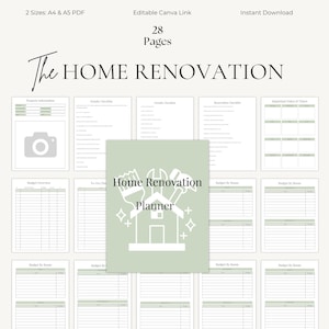 May include: A digital home renovation planner with 28 pages, available in A4 and A5 PDF sizes. The cover features a green square with a house and tools graphic, and the text "Home Renovation Planner."