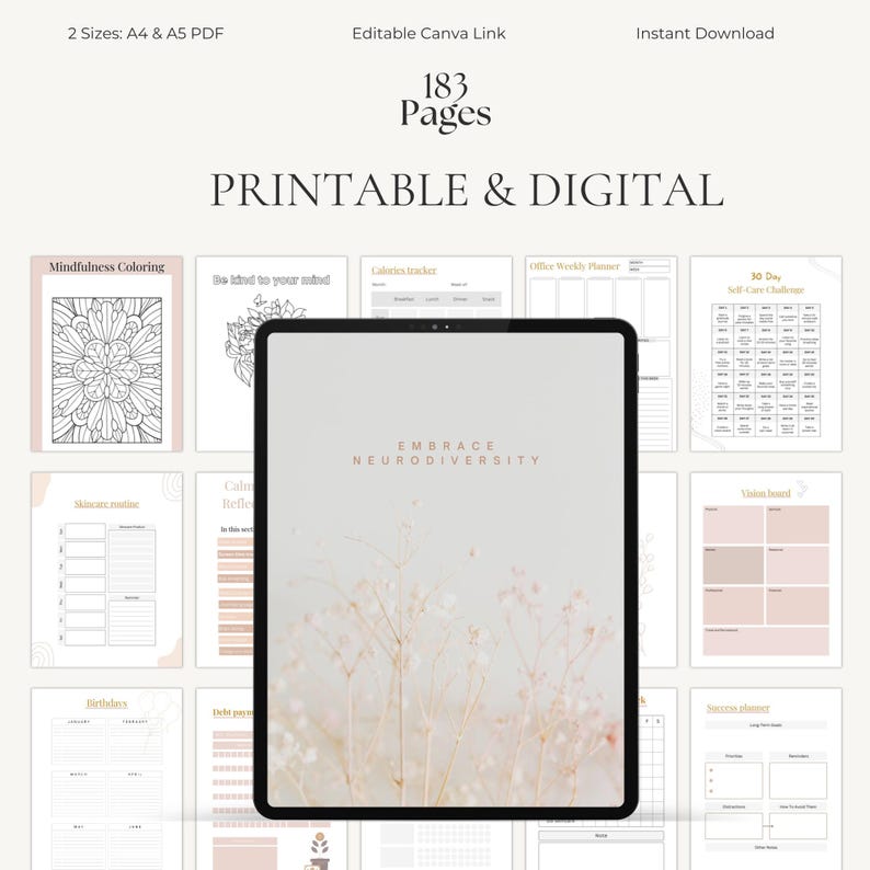 Neurodivergent Planner | ADHD Workbook | Executive Function Toolkit | Canva PDF