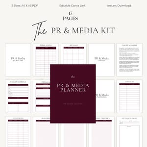 May include: A digital PR & Media Kit with 17 pages, available in A4 and A5 PDF sizes. The kit includes trackers, planners, and templates for publications, goals, target audiences, and more. The kit is available for instant download.