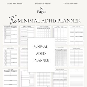 May include: A minimalist digital ADHD planner with 16 pages, including daily, weekly, and monthly planning sections. It also features study, medication, and mood trackers, plus areas for self-love, workouts, income, expenses, and notes. Available in A4 and A5 PDF sizes.