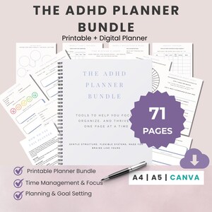 Planer ADHD dla dorosłych do druku | Planer życia z blokowaniem czasu i funkcjami wykonawczymi | A4 A5 Canva PDF (71 stron)
