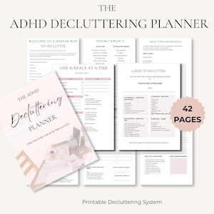 以下が含まれることがあります： ADHD Decluttering Plannerは、白い紙に黒い文字が印刷された42ページの印刷可能なシステムです。表紙にはタイトルとデスクの小さな画像が表示されています。内側のページには、15分間の整理整頓タスク用のチェックリストが含まれています。