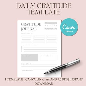 Gratitude Worksheet: Daily Reflection Journal, Wellness Tracker (Printable PDF, Canva Template A4/A5)