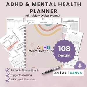 大人向けADHDプランナー | 実行機能とライフオーガナイザー | 印刷可能なADHDプランナー | A4 A5 Canva PDF