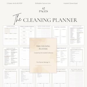 May include: A digital cleaning planner with 42 pages, available in A4 and A5 PDF sizes. The planner includes cleaning schedules, checklists, and templates. The cover reads "The Cleaning Planner" and "Created by the Grateful Collective."