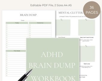 Adult ADHD Printable Brain Dump Workbook, Editable ADHD To Do List Bundle, Neurodivergent Planner, Executive Function Templates, PDF A4 A5