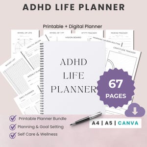 成人向けADHDライフプランナー | 時間管理と実行機能オーガナイザー | A4 A5 Canva編集可能PDF（87ページ）