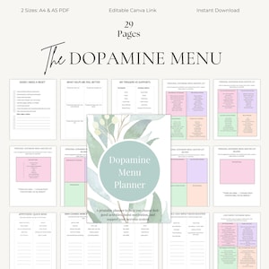 Könnte beinhalten: Ein digitaler Planer namens "The Dopamine Menu" mit 29 Seiten. Das Cover zeigt ein kreisförmiges Design mit den Worten "Dopamine Menu Planner" und botanischen Illustrationen. Der Planer soll helfen, positive Aktivitäten auszuwählen.
