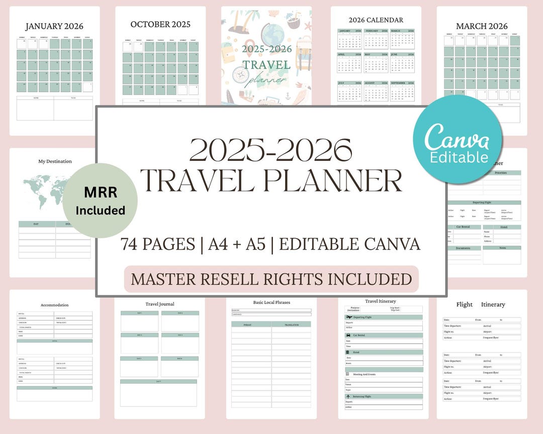 2025 2026 Travel Planner 74 Pages Canva Template A4 A5 PDF Il O2x7 
