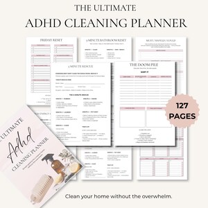 Könnte beinhalten: Der 127-seitige Ultimate ADHD Cleaning Planner enthält verschiedene Organisationsvorlagen wie Friday Reset, 5-Minute Bathroom Reset, 5-Minute Rescue und The Doom Pile. Das Cover zeigt Reinigungsmittel und den Titel des Planers.