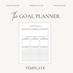 May include: A printable goal planner template with the title "The Goal Planner" in elegant script. The planner includes sections for a big goal, sub-goals, and action steps. The text "TEMPLATE" is at the bottom. Available in A4 & A5 PDF sizes.