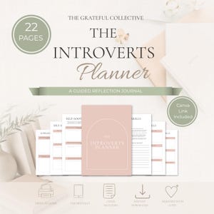 May include: A 22-page digital planner titled The Introverts Planner, a guided reflection journal. The set includes a dusty pink cover with an arched line design and multiple interior pages with prompts, all presented in a clean, minimalist layout.