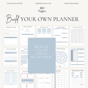 May include: A digital planner with a light blue and white design. The planner includes sections for staying on task, focus, monthly goals, goal setting, and a meditation tracker. The text "Build Your Own Planner" is prominently displayed.