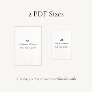 May include: Two PDF sizes are shown: A4, measuring 210mm x 297mm (8.27 x 11.69 inches), and A5, at 148 x 210 mm (5.8 x 8.3 inches). The text advises printing the size that is most comfortable.