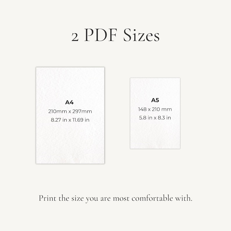 May include: Two PDF sizes are shown: A4, measuring 210mm x 297mm (8.27 x 11.69 inches), and A5, at 148 x 210 mm (5.8 x 8.3 inches). The text advises printing the size that is most comfortable.