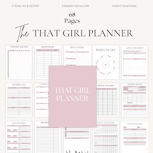 May include: A digital planner with a pink cover that says "THAT GIRL PLANNER." The planner includes pages for exercise, gratitude, meal planning, and more. The planner is available in A4 and A5 PDF sizes, with 68 pages total.