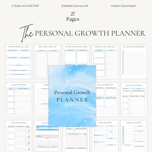 Peut inclure: Un planificateur de développement personnel numérique de 27 pages, disponible en formats PDF A4 et A5. Le planificateur comprend des sections pour la définition d'objectifs, la planification quotidienne et l'auto-réflexion. La couverture affiche le texte "Personal Growth PLANNER".