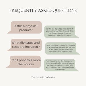 May include: A digital download FAQ graphic with text in a serif font. The questions are in light brown speech bubbles, and the answers are in green speech bubbles. The questions include: Is this a physical product? What file types and sizes are included? Can I print this more than once?