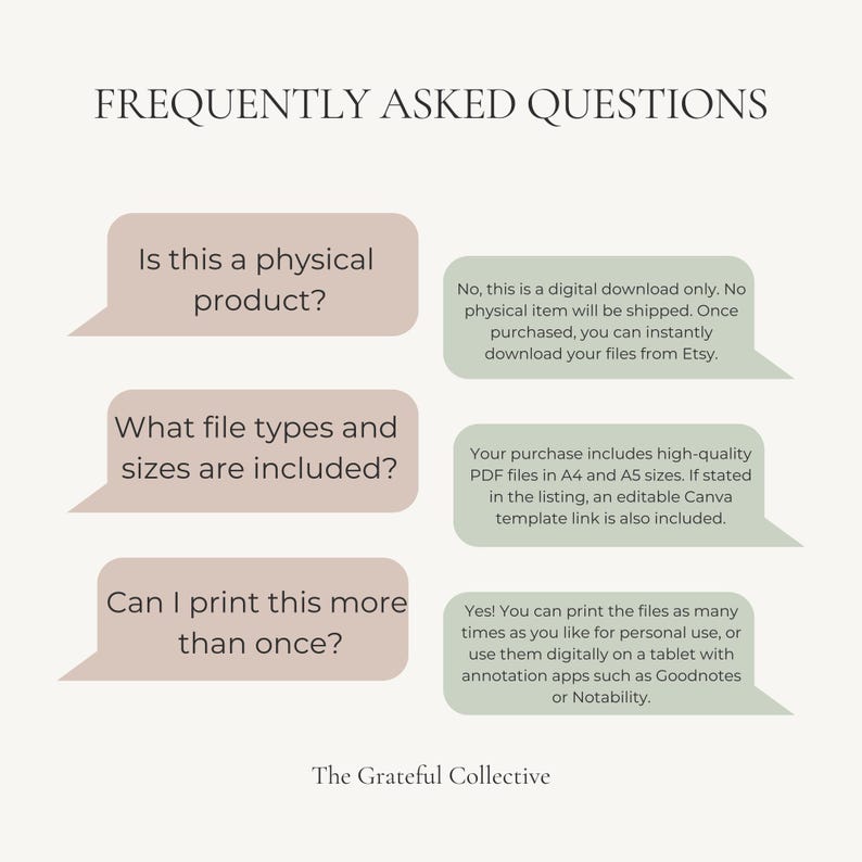 May include: A digital download FAQ graphic with text in a serif font. The questions are in light brown speech bubbles, and the answers are in green speech bubbles. The questions include: Is this a physical product? What file types and sizes are included? Can I print this more than once?