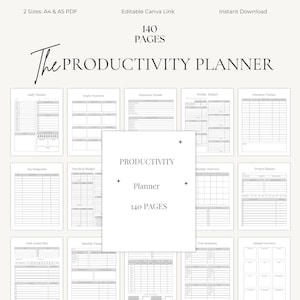 May include: A digital productivity planner with 140 pages, available in A4 and A5 PDF sizes. The planner includes sections for daily, weekly, and yearly planning, as well as budget tracking and goal setting. The text "The Productivity Planner" is displayed.