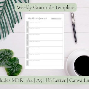 Gratitude Journal Worksheet: Reflection Prompts, Wellness Tracker (Canva & MRR)