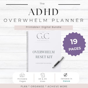 ADHD Overwhelm Planner Printable | Executive Function Reset Workbook | Focus & Clarity System | A4 A5 | Canva Editable | 19 Pages