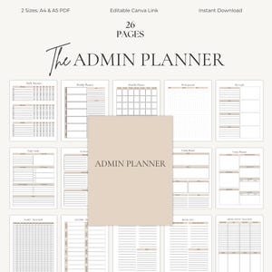 Puede incluir: Planificador administrativo digital con 26 páginas, disponible en tamaños A4 y A5 PDF. El planificador incluye páginas de planificación diaria, semanal y mensual, junto con secciones de diario de trabajo, establecimiento de objetivos y seguimiento de hábitos. El texto "The ADMIN PLANNER" se muestra.