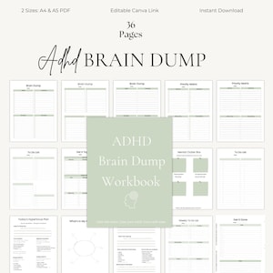 Può includere: Un quaderno digitale ADHD Brain Dump di 36 pagine, disponibile nei formati PDF A4 e A5. Il quaderno include modelli per brain dump, liste di cose da fare e matrici di priorità. La copertina presenta il testo "ADHD Brain Dump Workbook."