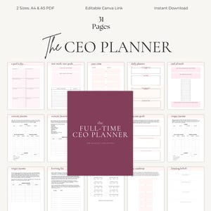 Op de afbeelding: Een digitale planner met een minimalistisch ontwerp. De omslag toont de tekst "The CEO PLANNER" in elegant schrift. Binnenin zijn de pagina's georganiseerd met roze accenten en secties voor dagelijkse planning, inkomstenregistratie en doelstellingen. Bevat 31 pagina's.