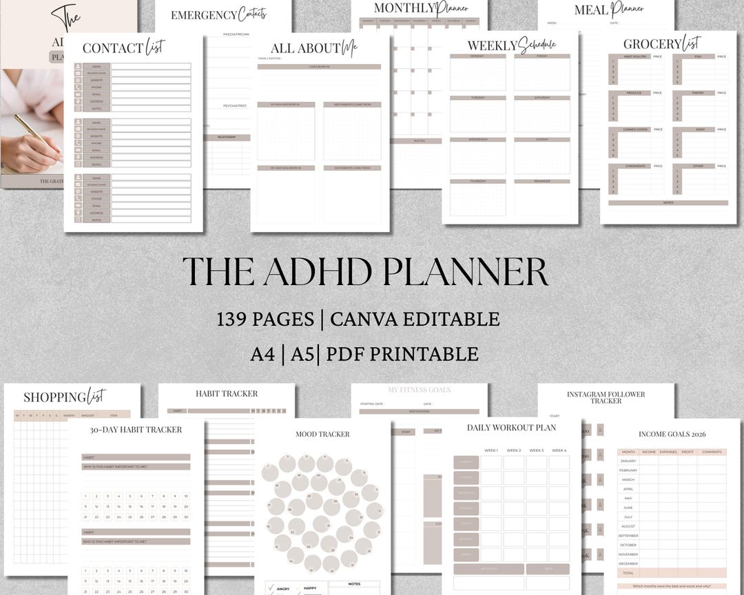 ADHD Planner Printable for Adults | 139 Page Focus & Executive Function ...