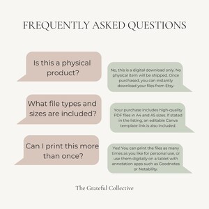 May include: A digital download graphic with the text "FREQUENTLY ASKED QUESTIONS." The questions are in speech bubbles and address if the product is physical, file types and sizes, and printability. The Grateful Collective is at the bottom.