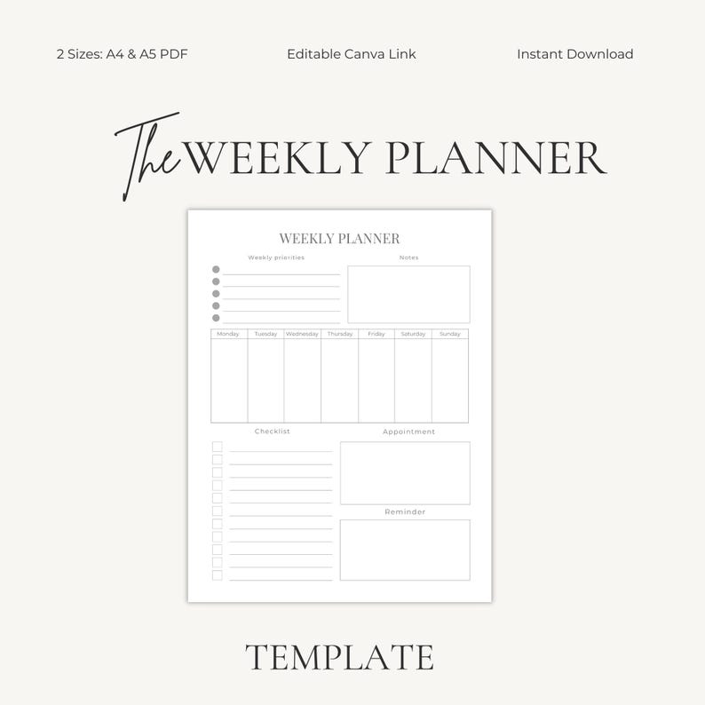 Weekly Productivity Planner Template | Printable PDF A4, A5 | Fully ...