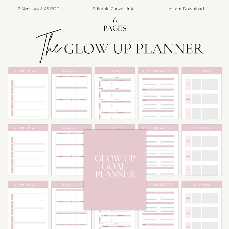 Editable Glow Up Planner | Self Care & Healing Journal | Daily Routine and Weekly Habit Tracking