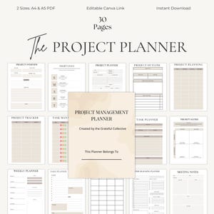 Op de afbeelding: Een digitale projectplanner met 30 pagina's, beschikbaar in A4- en A5 PDF-formaten. De planner bevat secties voor projectoverzicht, slimme doelen, projectplanning en meer. De tekst "The PROJECT PLANNER" wordt bovenaan weergegeven.