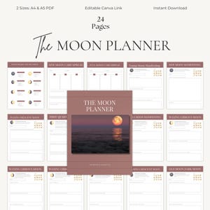 May include: A digital planner titled "The Moon Planner" with 24 pages, available in A4 and A5 PDF sizes. The cover features a sunset image with a full moon. Includes sections for moon phases, new moon manifestations, and more.