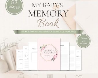 Op de afbeelding: Een baby-herinneringsboek met 87 pagina's, voorzien van een lichtroze kaft met een gouden zeshoekig kader en bloemaccenten. De tekst luidt THE GRATEFUL COLLECTIVE, MY BABY'S MEMORY BOOK, FROM BIRTH TO FIVE YEARS OF BEAUTIFUL MEMORIES.