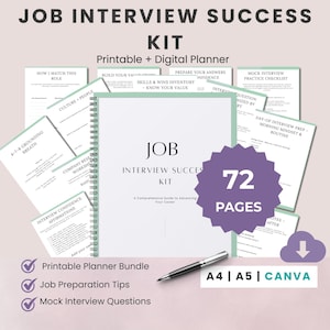 Job Interview Preparation Workbook | Interview Questions & Strategy Planner | A4 A5 Canva Editable PDF