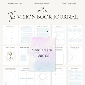May include: A digital vision book journal with 33 pages, available in A4 and A5 PDF sizes. The cover features a watercolor design with the title "Vision Book Journal". Includes sections for affirmations, quotes, mind maps, and gratitude.