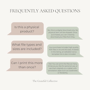May include: A digital download FAQ graphic with text in a serif font. The questions are in light brown speech bubbles, and the answers are in green speech bubbles. The questions include: Is this a physical product? What file types and sizes are included? Can I print this more than once?