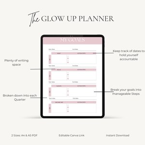 以下が含まれることがあります： 黒いタブレットに表示された「The Glow Up Planner」というタイトルのデジタルプランナー。プランナーには、日付とアクションステップのスペースがあり、目標を設定するためのセクションがあります。「十分な書き込みスペース」と「目標を管理しやすいステップに分割する」というテキストのハイライト。