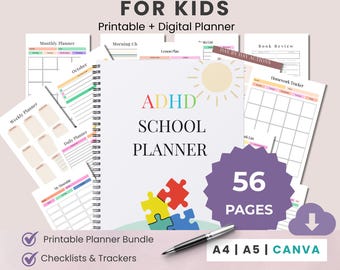 School Planner for ADHD Kids | Homework, Assignment & Routine Trackers | A4 A5 Canva Editable