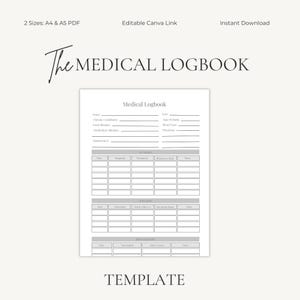 May include: A printable medical logbook template with sections for patient information, medical history, and detailed records. The design includes the text "The MEDICAL LOGBOOK" and "TEMPLATE". Available in A4 and A5 PDF formats.