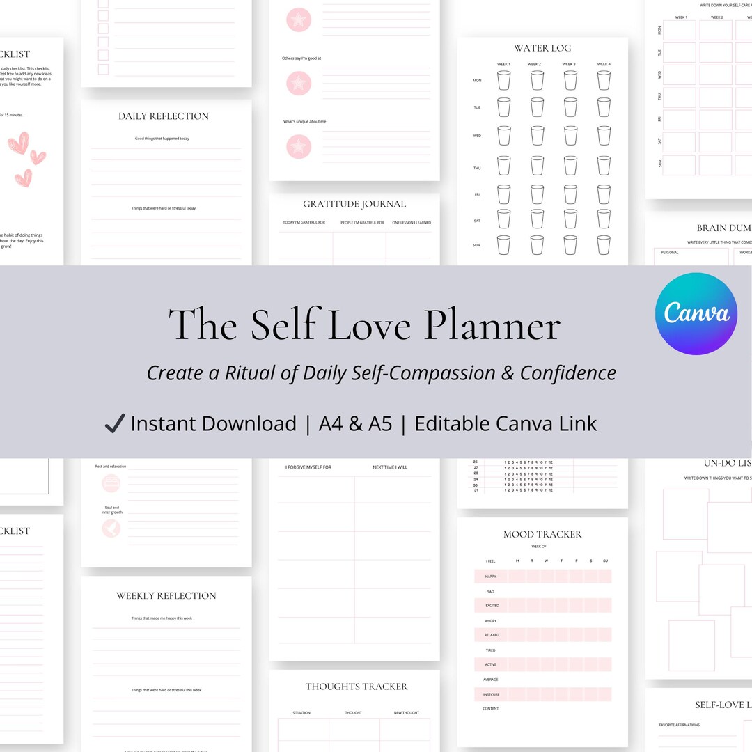 25 Page Self Love Planner A4 A5 Canva Template | Printable Mental ...
