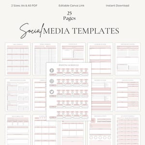 May include: A collection of 25-page social media templates in a soft pink and white color scheme. The templates include various layouts for scheduling, content planning, and platform-specific content, with the text "Social Media Templates" at the top.