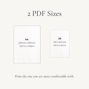 May include: Two PDF size options are displayed: A4 at 8.27 x 11.69 inches and A5 at 5.8 x 8.3 inches. The text encourages the viewer to print the size they are most comfortable with.