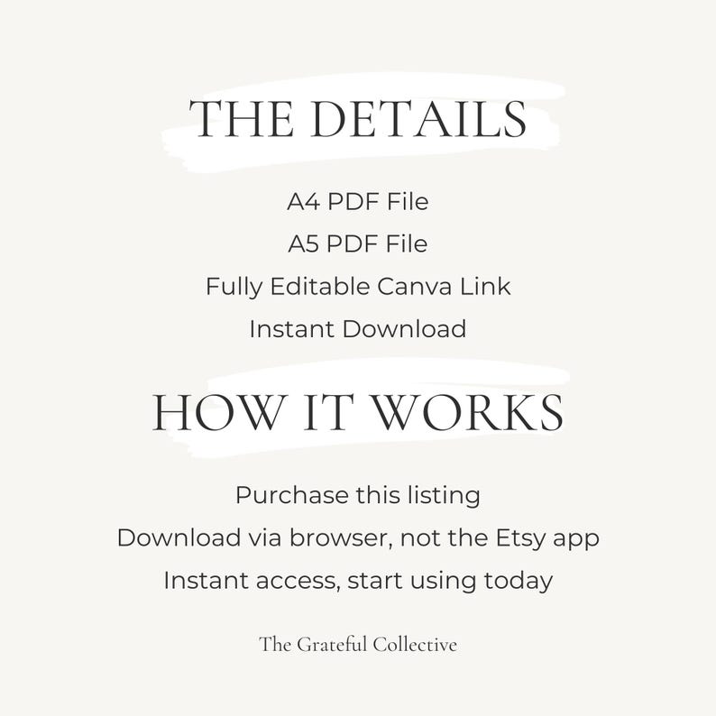 May include: A digital product image with the text "THE DETAILS" and "HOW IT WORKS". The details include A4 and A5 PDF files, a fully editable Canva link, and instant download. Instructions are provided for purchase and download.