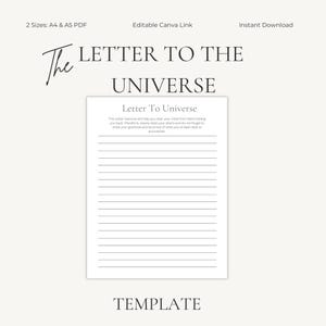 Puede incluir: Una plantilla imprimible titulada "La Carta al Universo". El diseño presenta el título en escritura elegante y letras de bloque. La plantilla incluye una página rayada para escribir, con las palabras "Letter To Universe" en la parte superior. La palabra "TEMPLATE" está en la parte inferior.