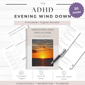 May include: An ADHD Evening Wind Down Planner, a printable and digital bundle, featuring a sunset image on the cover. Includes pages for evening routines, brain dumps, and a free reset page. Available in A4, A5, and US Half Letter sizes.